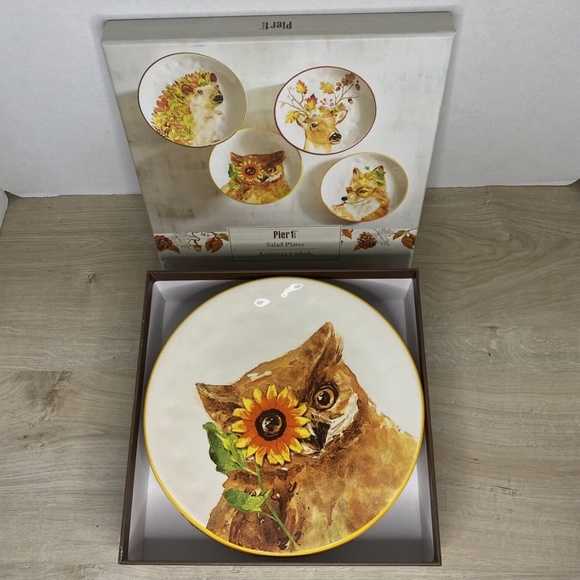 Pier 1~Fall Woodland Animals Set of 4~Salad Plates~New Open Box Hand Painted - Picture 2 of 9